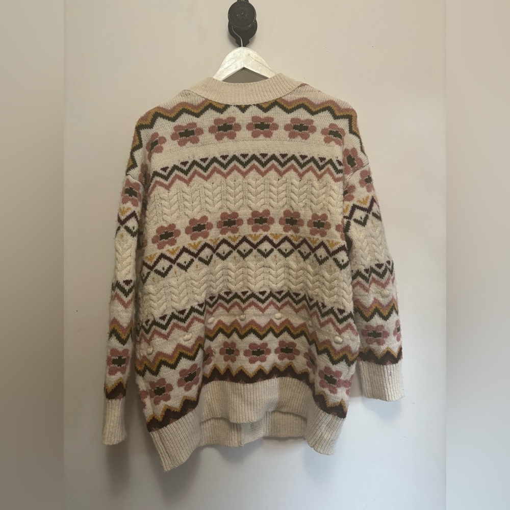 Cottagecore Cream and Pink Patterned Cardigan - Picture 2 of 3